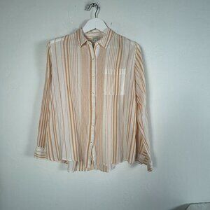 Sundance Womens Striped Button-Up Shirt Medium Brown White Long Sleeve NWOT
